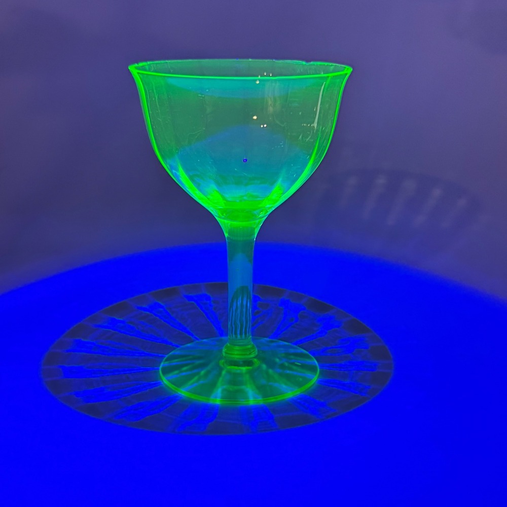 Vintage Green Uranium Glass Goblet Optic Rib Depression Glass Wine Cordial Glow